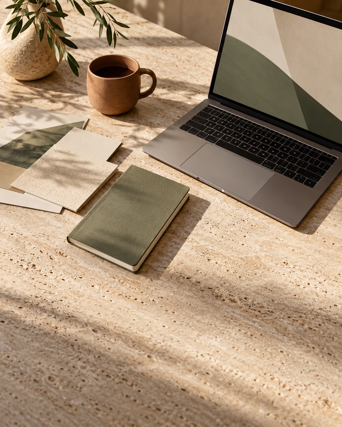 A sunlit business workspace with a laptop, notebook, and terracotta cup